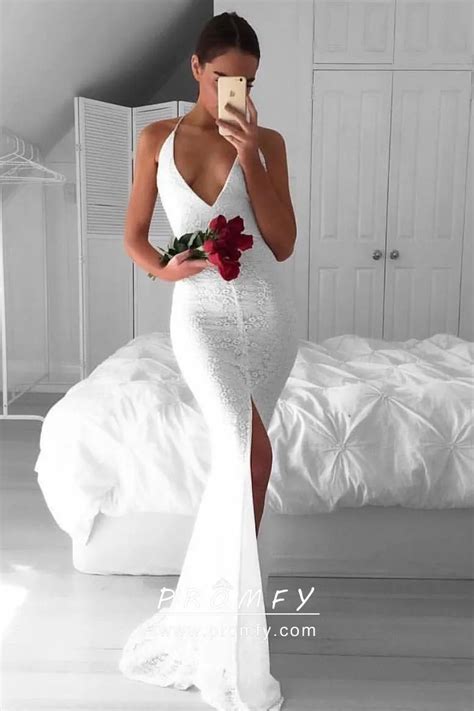 White Lace Open Back Slit Mermaid Long Prom Dress Promfy
