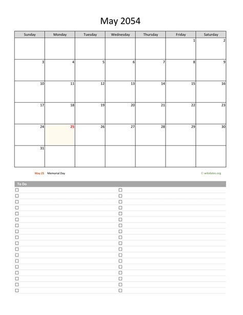 May 2054 Calendar With To Do List