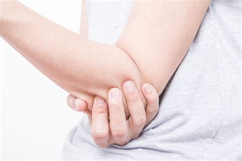 Woman Is Touching Her Elbow Elbow Pain Stock Image Image Of