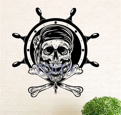 Pirate Steering Wheel Wall Decal Vinyl Stickers Nautical Pirate Skull
