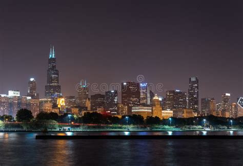Lights Of Summer Night Chicago Downtown Skyline Editorial Photo Image