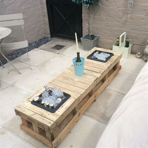 My First Attempt At A Pallet Table With Ice Buckets Pallet Table Diy
