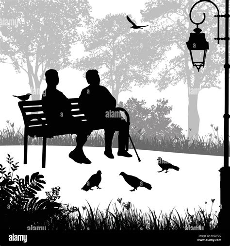 Two elderly woman silhouettes in the park sitting on the bench, vector ...