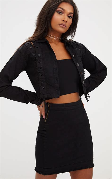 black lace up cropped denim jacket denim prettylittlething ca