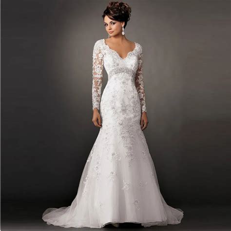 Sexy V Neck Trumpet Mermaid Wedding Dress Long Sleeve White Lace Wedding Dress Backless