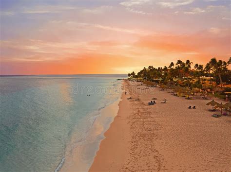 Aerial From Druif Beach On Aruba Island In The Caribbean At Sunset