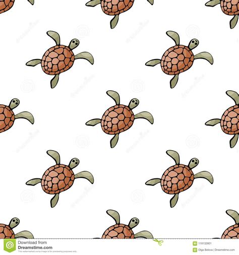 Seamless Pattern With Sea Turtle In Doodle Style Stock Vector