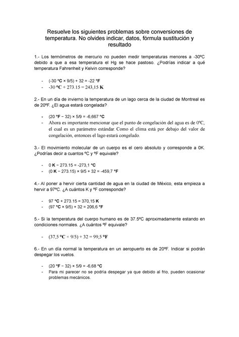 Ejercicios De Temperaturas Resuelve Los Siguientes Problemas Sobre