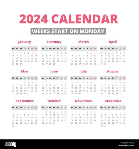 Simple 2024 Year Calendar Week Banque Dimages Vectorielles Alamy