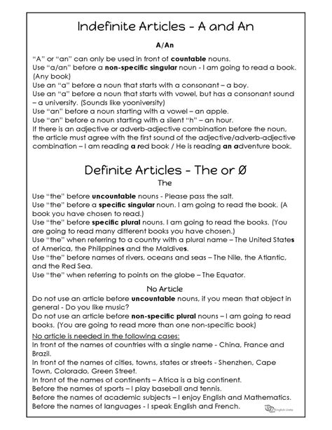 English Unite Grammar Worksheets Articles