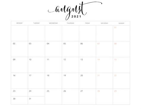 Calendar 2021 Aesthetic August Word Calendar Template Download Free