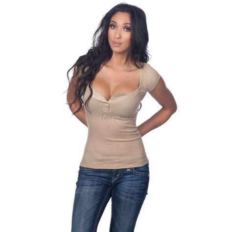 Sexy Women Deep V Neck T Shirt Casual Plunge Cleavage Button Slim Tops