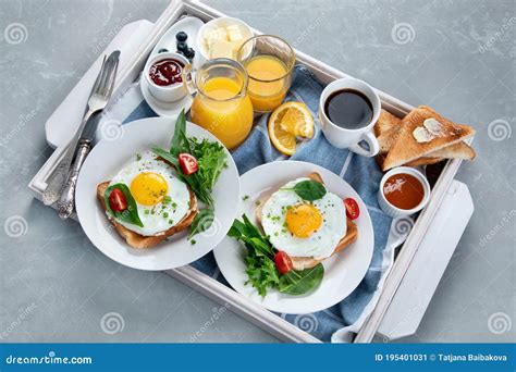Traditional American Breakfast On Wooden Tray Stock Image Image Of