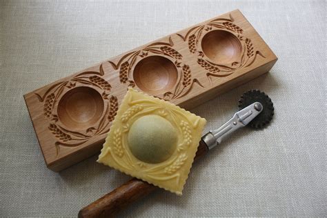 Ravioli Fresh Pasta Filled Cookie Wooden Board Wheatear Pattern