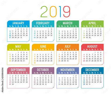 Year 2019 Calendar Vector Template Vector De Stock Adobe Stock