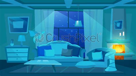 Classic Living Room Interior Flat Vector Illustration Night Time View