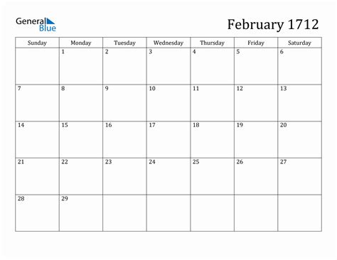 February 1712 Monthly Calendar