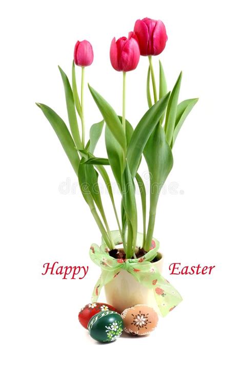 Easter Bunny Rabbit With Painted Easter Eggs And Tulips Stock Photo