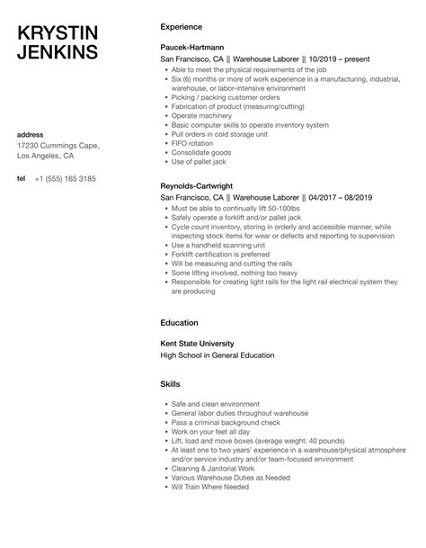 Warehouse Laborer Resume Samples | Velvet Jobs