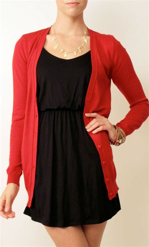 Outfit Post Red Cardigan Black Dress Red Ballet Flats