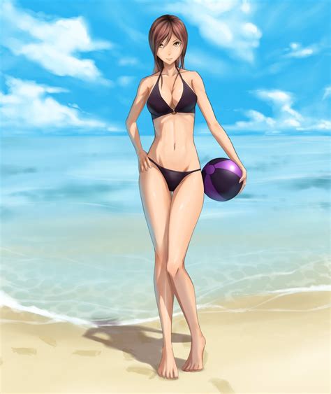 Massive Kagawa Original Highres 1girl Ball Bare Shoulders Beach Beachball Bikini Black