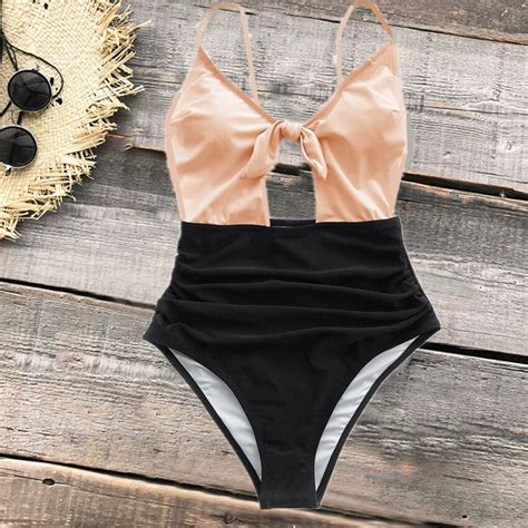 Sweet Honey Bowknot One Piece Swimsuit Women Pink And Black Patchwork Backless Monokini 2019