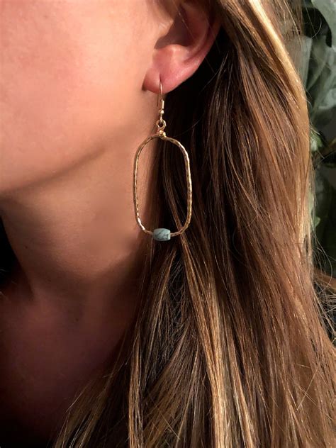 Hammered Turquoise Hoop Turquoise Hoops Geometric Earrings