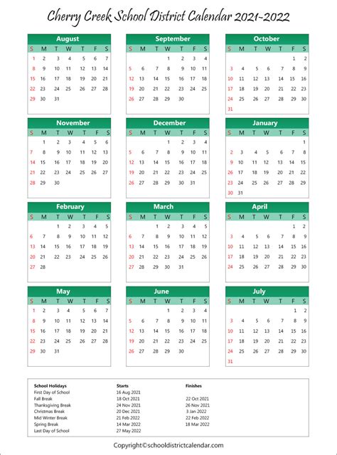 Cherry Creek School District Calendar Holidays 2021 2022