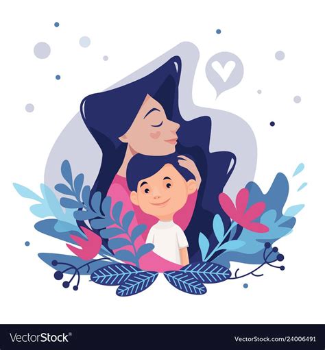 Mothers Lovemoms Hug Mom And Sonvector Illustration With Floral Elements Card On Mothers