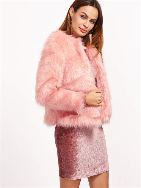 Pink Open Front Faux Fur Coat Sheinsheinside