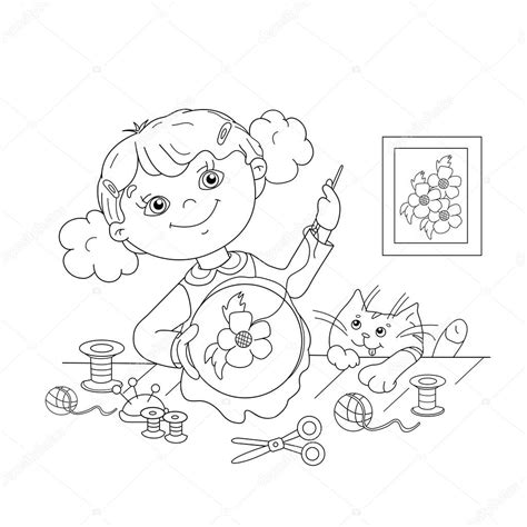 coloring page outline of cartoon girl with embroidery stock vector by ©oleon17 112215224