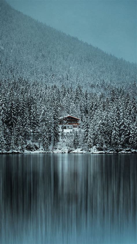 Download Wallpaper 938x1668 Forest Trees House Lake Snow Winter