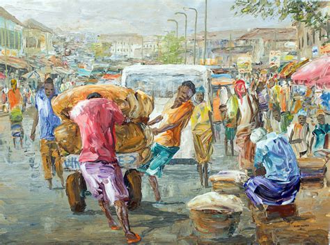 Impressionist Painting Of Workers In Cityscape From Ghana Labor Force