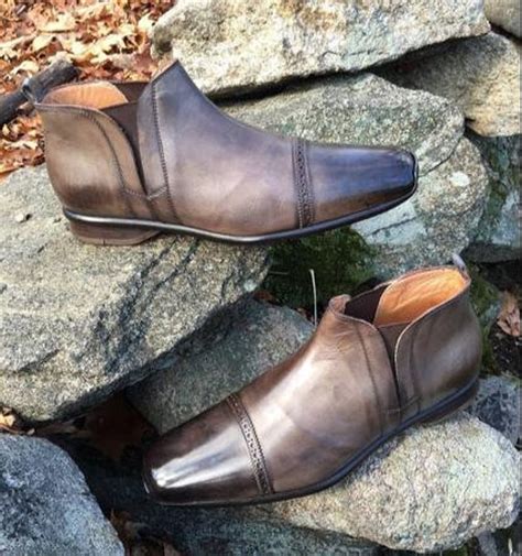 New Pure Handmade Dark Brown Shaded Leather Short Chelsea Boot For Men
