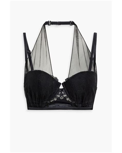La Perla Tulle Paneled Embroidered Satin And Lace Balconette Bra In