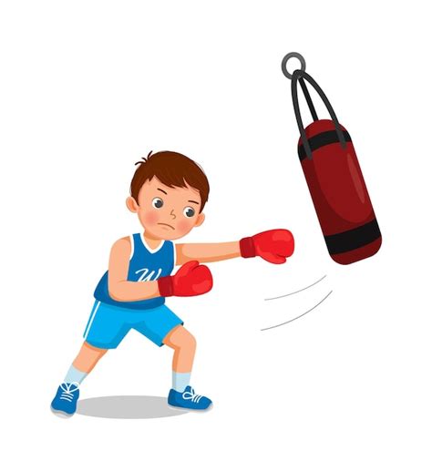 Premium Vector Cute Little Boy Boxer Wearing Boxing Gloves Hitting