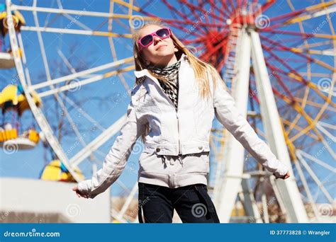 Happy Young Girl Against A Ferris Wheel Stock Photo Image Of Fair