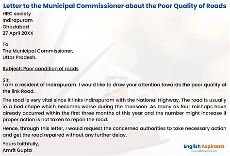 Write a Letter to the Municipal Commissioner to Inform Her/Him about