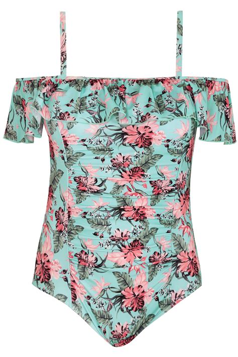 Blue Floral Print Cold Shoulder Swimsuit With Frilled Detail Plus Size