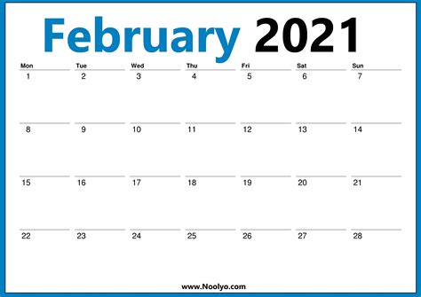 February 2021 Calendar Printable Monday Start February 2021 Calendar