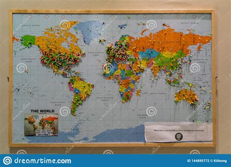 Close Up Shot Of A Board Of World Map And Pins Editorial Photography