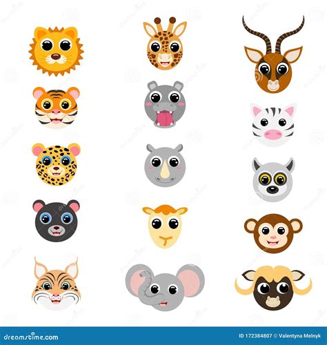 Funny Cute African Animal Heads Cartoon Characters Stock Vector