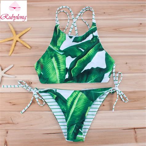 rubylong 2017 new sexy green leaves printed bikinis women strappy high neck bikini set micro