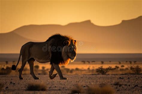 Majestic Lion Striding On Savannah With Alert Eyes And Dark Mane
