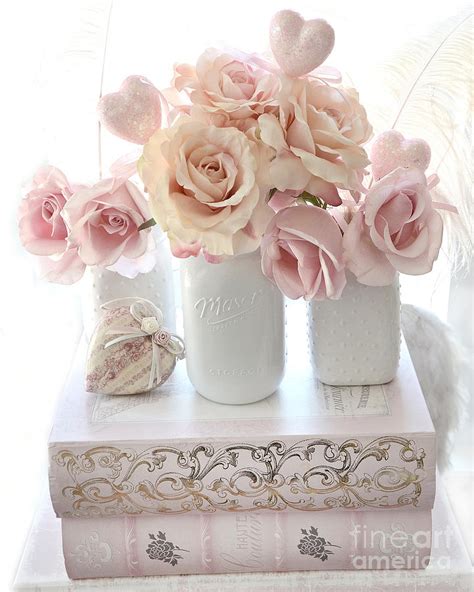 Dreamy Pastel Shabby Chic Peach And Pink White Roses Cottage Shabby
