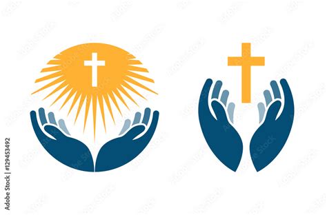 Hands Holding Cross Icons Or Symbols Religion Church Vector Logo
