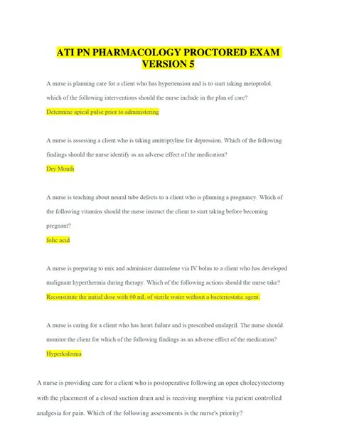 ATI PN Pharmacology Proctored Exam Version 5 Complete Questions