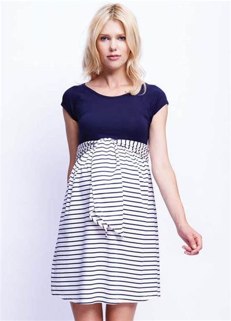 Scoop Front Tie Maternity Dress In Navy Stripes By Maternal America
