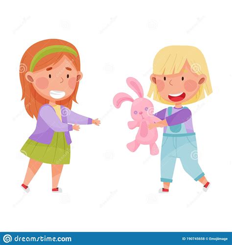Friendly Kids Playing Together And Sharing Toy Hare Vector Illustration