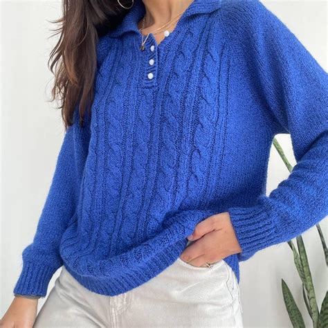 vintage blue pullover cable knit polo sweater long depop